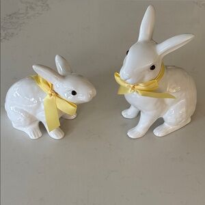 White Ceramic Bunny Figurines with Yellow Bows New